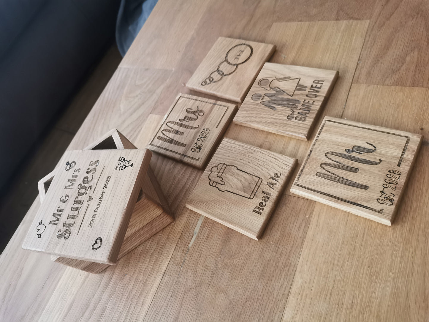 Solid Wooden Engraved Coasters with Holder