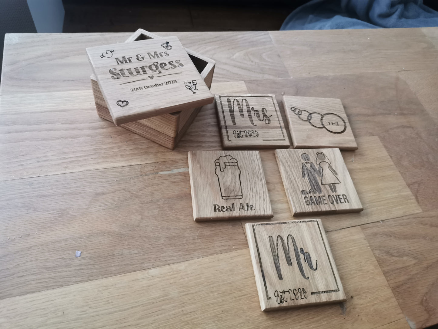 Solid Wooden Engraved Coasters with Holder