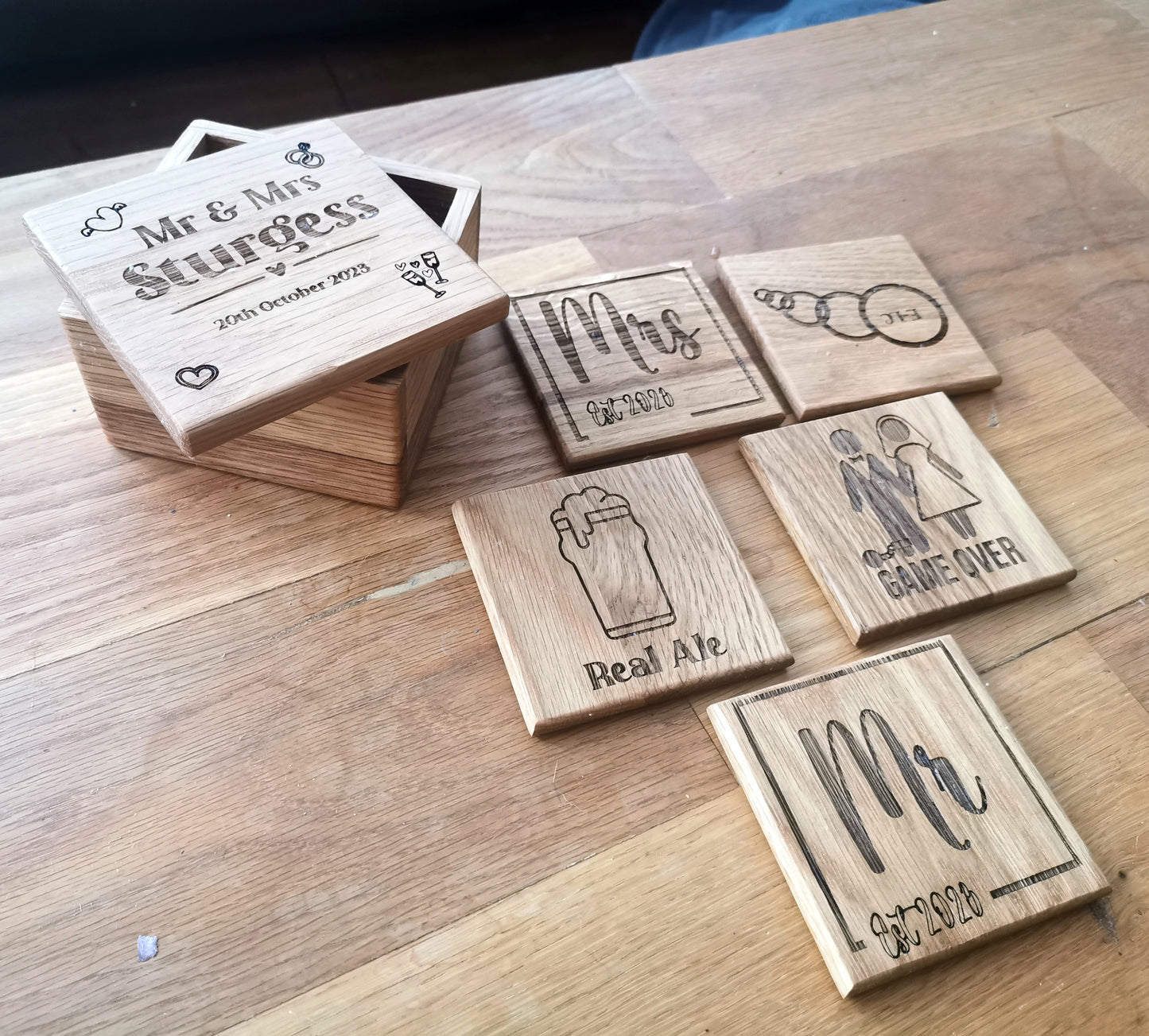 Solid Wooden Engraved Coasters with Holder